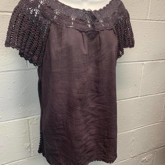 Hand Dyed Black Gauze Top Crochet Lace Trim Goth Peasant Top Boho Witchy Med B11 - Picture 2 of 4